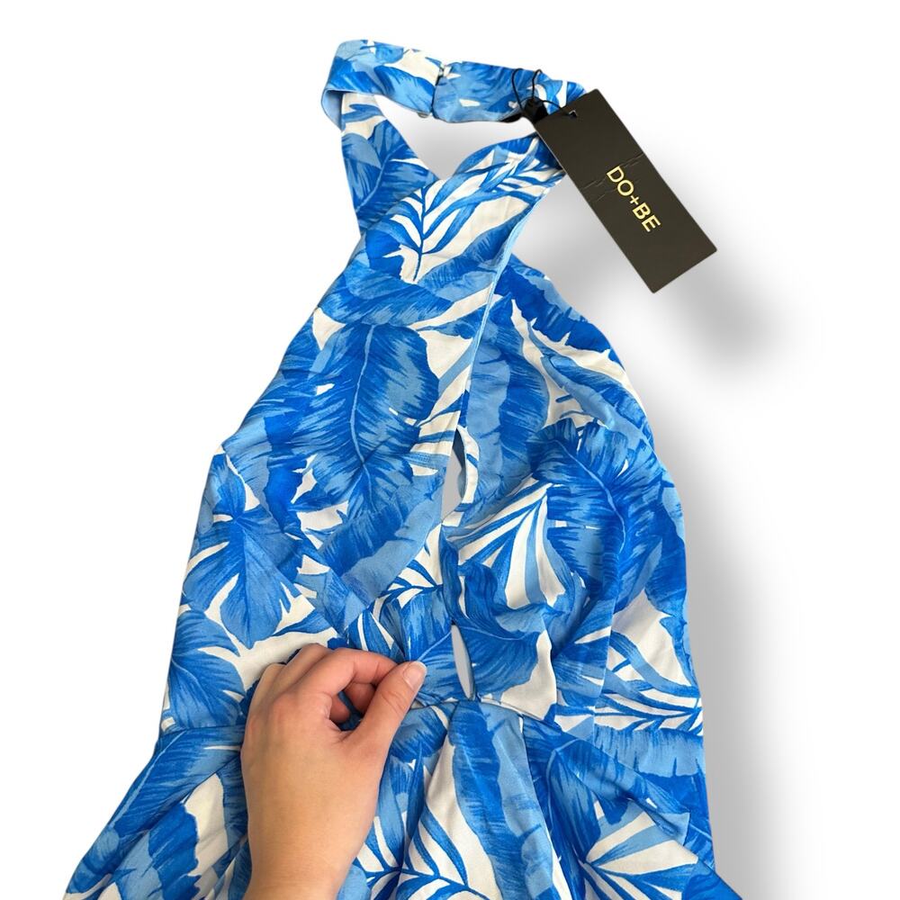 DO+BE NWT Tropical Halter Mini Dress Blue White Leaf Print Back Tie Medium - Picture 5 of 11